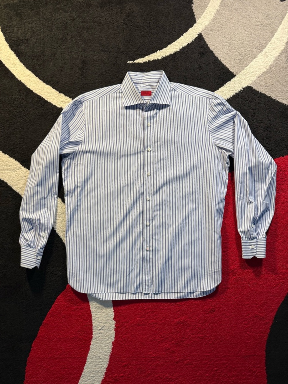 Isaia Dress Shirt Mens 43 17 Striped Purple Blue Long Sleeve Shirt Casual Preppy